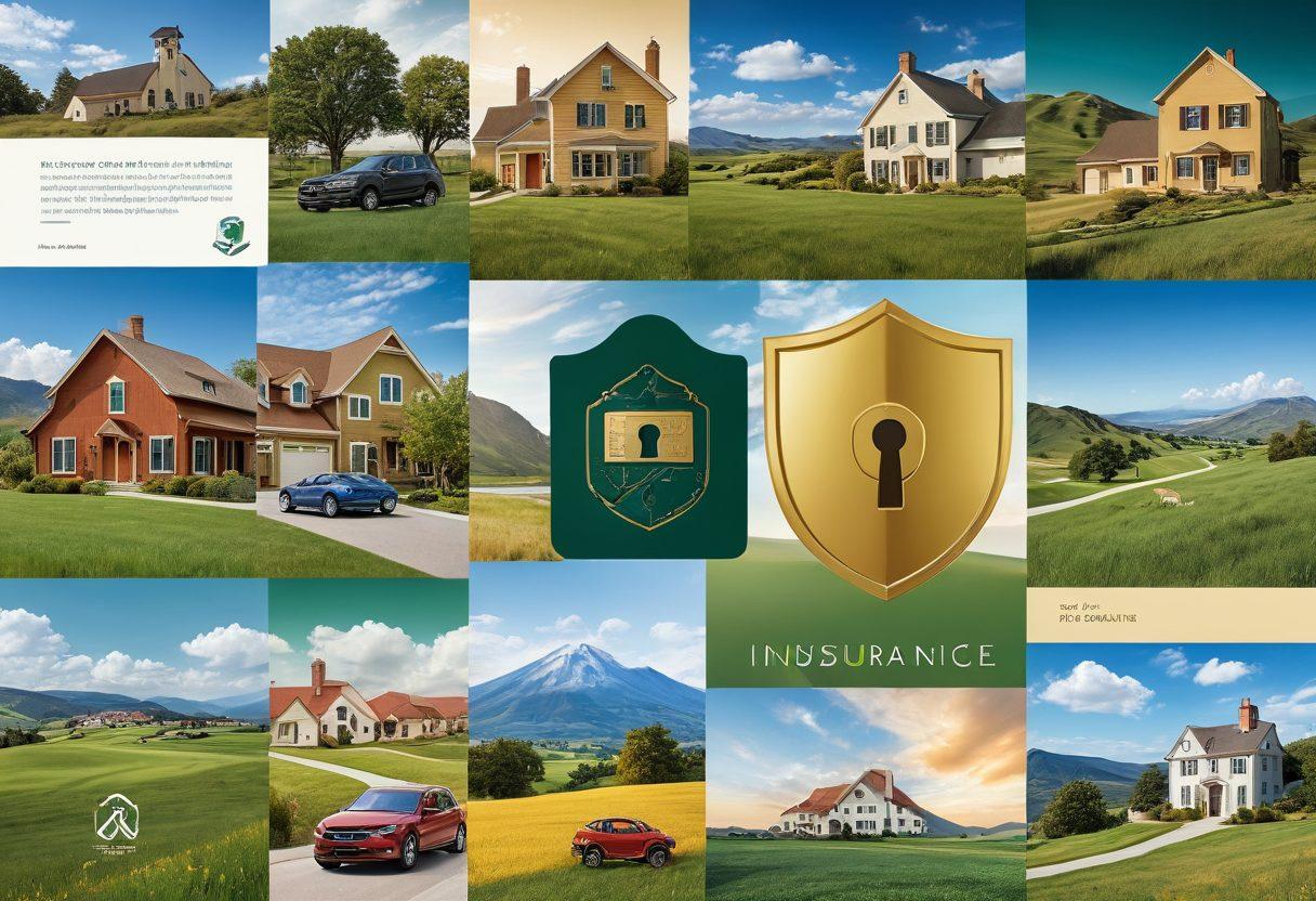 A visually engaging collage featuring a variety of insurance icons such as shields, policy papers, and key symbols. In the background, a serene landscape rises, representing security and peace of mind, with a key unlocking a lock in the foreground symbolizing access to comprehensive coverage. Warm and inviting colors to evoke trust and confidence. super-realistic. vibrant colors.