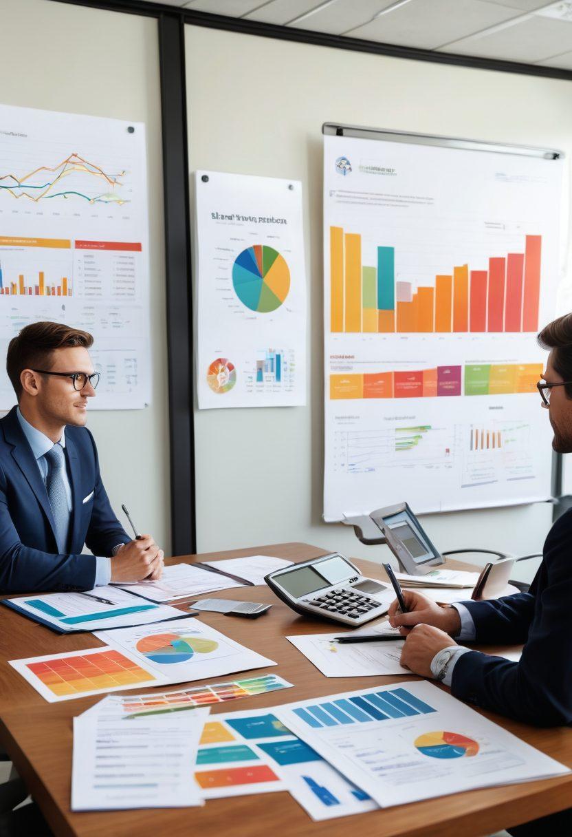 A confident financial advisor discussing protective insurance plans with a diverse group of clients in a modern office setting. Visuals of charts and graphs depicting growth and safety surround them. Emphasize trust and security through warm color tones and engaging facial expressions. Include elements like a clipboard, calculator, and insurance brochures on the table. super-realistic. vibrant colors. modern office.